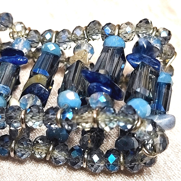 Dusty Blue Gray Faceted Glass Square Tube Beads Natural Stone Stretch Bracelet - Picture 6 of 7